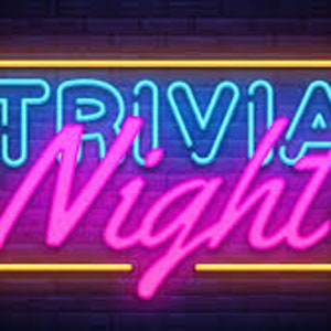 May include: Neon sign with the words "Trivia Night" in blue and pink lettering. The sign is framed in a yellow rectangle.