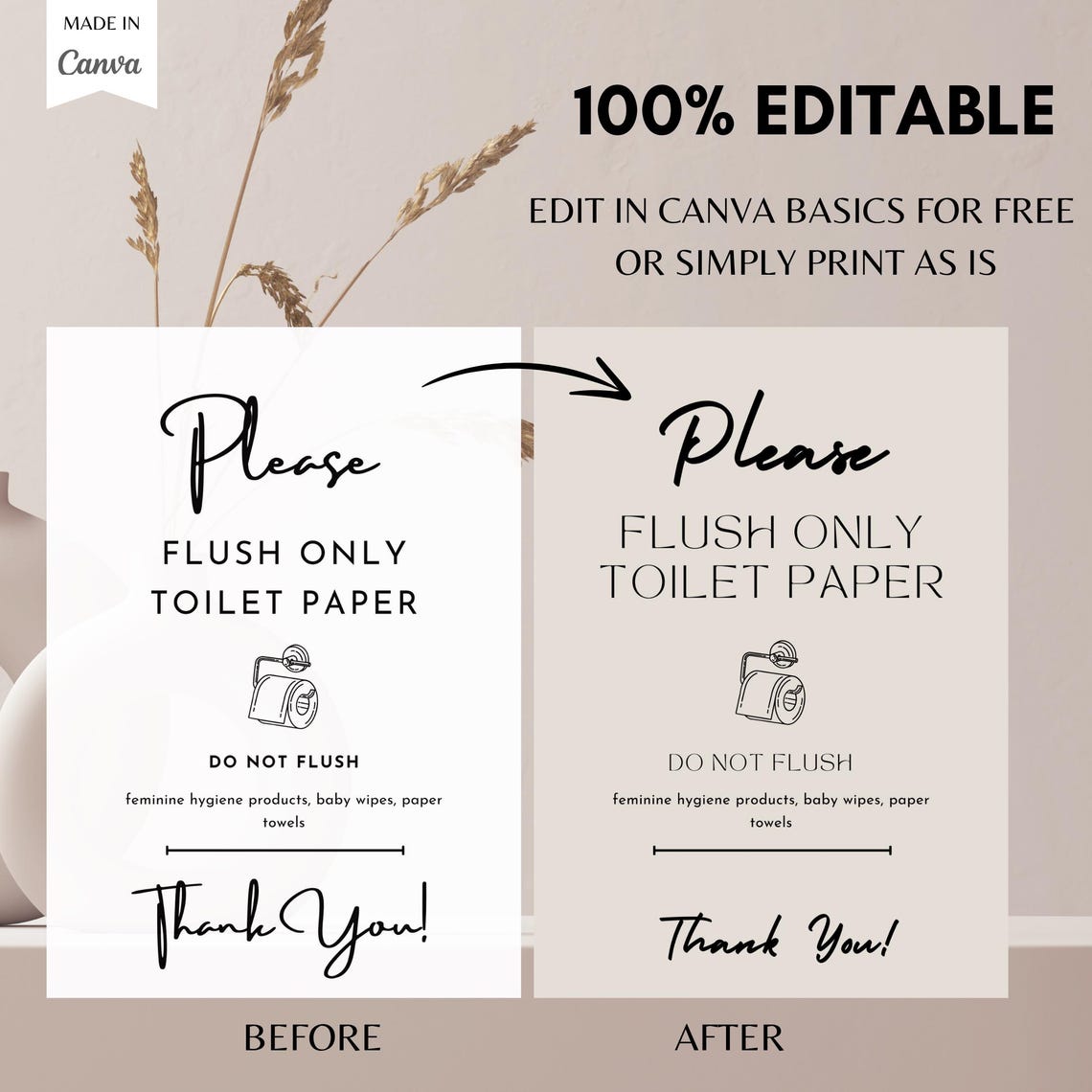 Airbnb Bathroom Sign, Flush Only Toilet Paper, Do Not Flush Sign, Vacation Rental Printable Sign ...