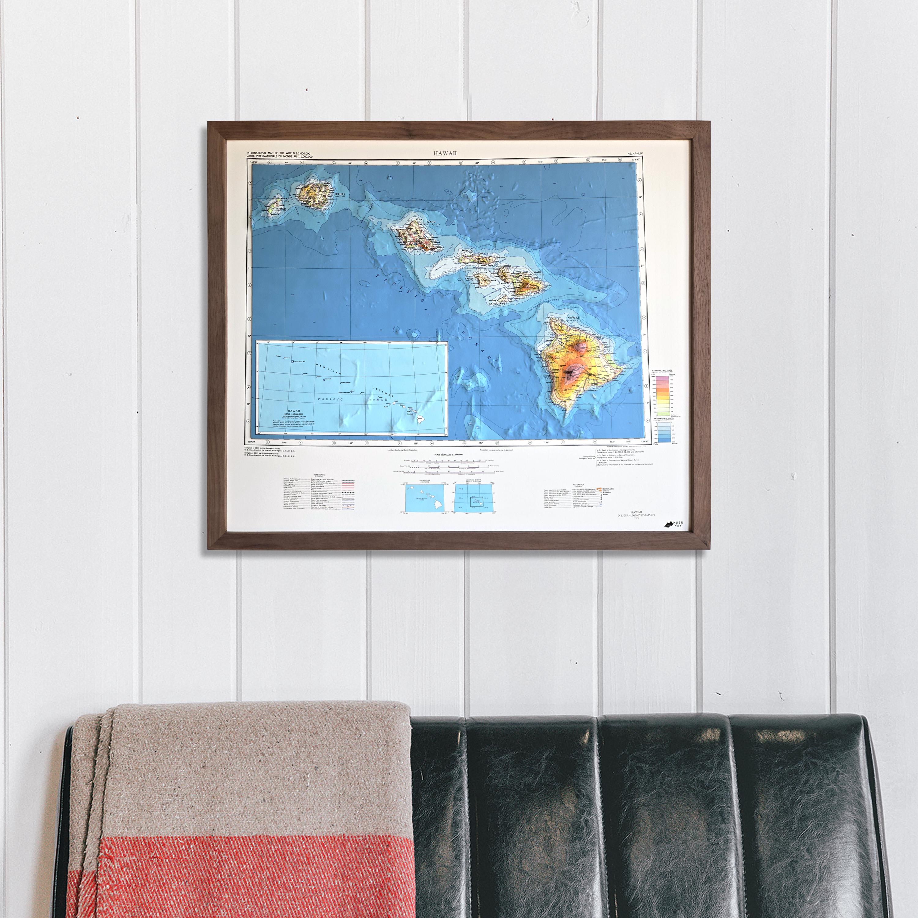 コアウッド額装　ハワイ地図 1971年ハワイ諸島地図｜リアル3D立体地図 - Etsy 日本