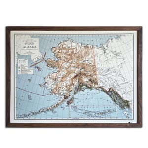 May include: A framed vintage map of Alaska, with detailed topographical features in brown and green hues. The map is set against a light blue backdrop and is encased in a dark brown wooden frame. The word "Alaska" is displayed on the map.