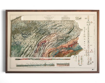 May include: A vintage-style geological map of Pennsylvania, showing the state's topography and geological formations in a colourful, detailed illustration. The map includes a cross-section view of the state's geology, as well as a legend explaining the different geological formations.