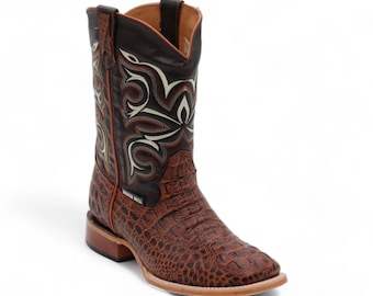 Garland Men's Crocodile Print Brown Leather Western Boots Leather Sole Square Toe