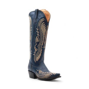Women's Navy Leather Snip Toe Cowgirl Boots | Western Cowgirl Boots for Women | Embroidered Rodeo Boot | Botas Vaqueras Mujer image 1