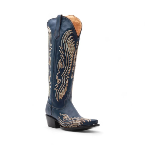 Women's Navy Leather Snip Toe Cowgirl Boots | Western Cowgirl Boots for Women | Embroidered Rodeo Boot | Botas Vaqueras Mujer