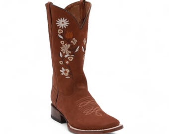 Ramillete Women's Brown Leather Western Boots Square Toe Leather Sole Floral Embroidered