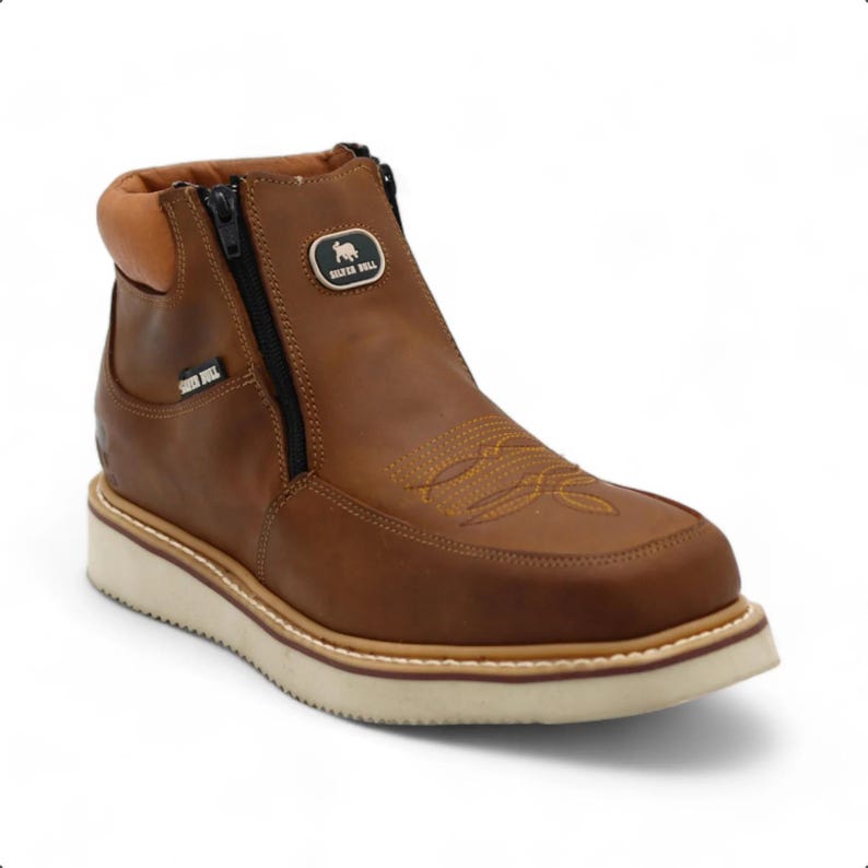 El Paso Men's Camel Leather Short Work Casual Western Boots Squared Toe Rubber Sole image 1