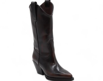 Botas vaqueras de piel marrón con suela de goma y punta tradicional para mujer Cactus