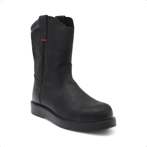 May include: A black mid-calf pull-on boot with a rounded toe and a thick, flat sole. The boot features a vertical pull tab on the side with a small red tag displaying white text. The upper shaft has a subtle embossed logo visible on the side.