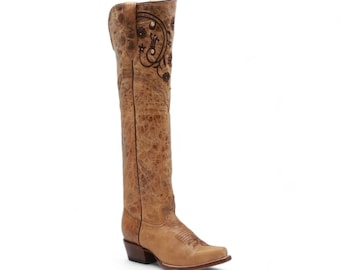 Volcano Women's Camel Leather Tall Western Boots Snip Toe Leather Sole Flower Embroidered