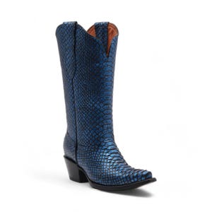 Women's Metallic Blue Snake Print Snip Toe Cowgirl Boots | Western Cowgirl Boots for Women | Rodeo Boot for Her | Botas Vaqueras Mujer