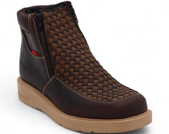 Men's Brown Woven Leather Casual Boots | Zip Up Ankle Boot for Men | Basket Weave Wedge Sole Boot | Botas Casuales de Hombre