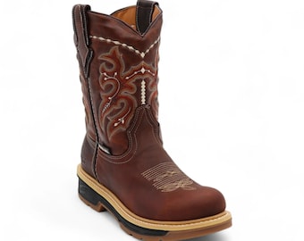 Waco Men's Brown Leather Western Work Boots Round Toe Rubber Anti Slip Sole