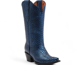 Kesha Women's Metallic Blue Snake Print Leather Western Boots Snip Toe Leather Sole