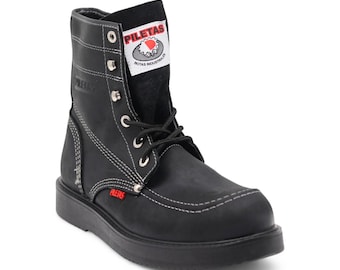Botas de seguridad Trooper para hombre, de cuero negro, con puntera de acero y suela de goma antideslizante con rayas, ideales para la construcción industrial.
