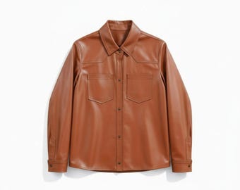 Women's Camel Leather Shirt Jacket | Button Up Leather Shacket for Women | Western Ranch Overshirt | Chamarra de Piel Mujer