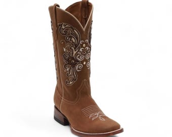 Daisy Women's Brown Leather Western Boots Square Toe Leather Sole Floral Design