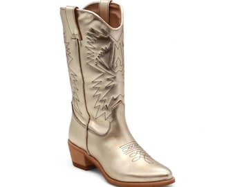 Cowgirl Women's Metallic Gold Leather Western Fashion Boots Traditional Toe Rubber Sole