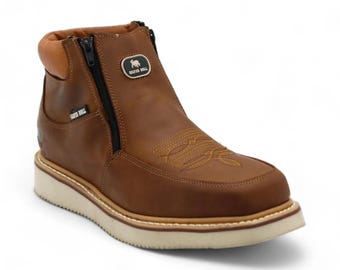 Men's Camel Leather Wedge Sole Work Boots | Western Cowboy Work Boot for Men | Zip Up Ranch Work Boot | Botas Vaqueras Hombre Trabajo