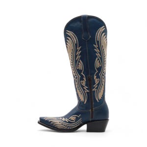 Women's Navy Leather Snip Toe Cowgirl Boots | Western Cowgirl Boots for Women | Embroidered Rodeo Boot | Botas Vaqueras Mujer image 3