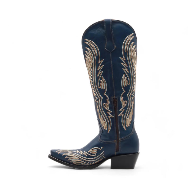 Women's Navy Leather Snip Toe Cowgirl Boots | Western Cowgirl Boots for Women | Embroidered Rodeo Boot | Botas Vaqueras Mujer image 3