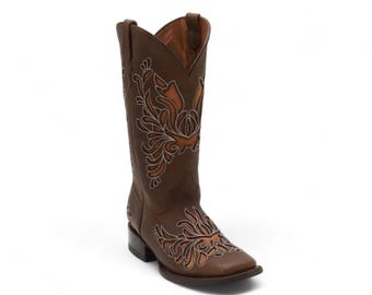 Amapola Women's Brown Leather Western Boots Square Toe Leather Sole