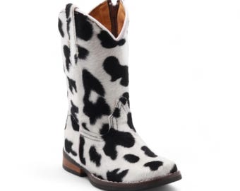 Beau Kids Cow Print Leather Western Cowboy Style Traditional Toe Lightweight Rubber Sole