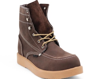 Men's Brown Leather Work Boots | Slip Resistant Work Boot for Men | Steel Toe Safety Boot | Botas de Trabajo Hombre