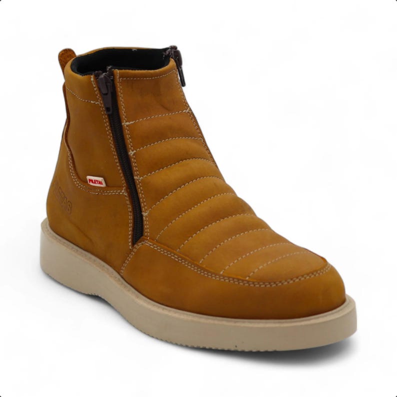 Nube Men's Camel Leather Western Short Traditional Round Toe Striped Sole Work Boots Lightweight image 1