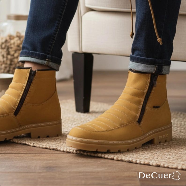 Men's Camel Leather Work Boots: Round Toe, Tractor Sole, Anti-Slip, Side Zippers Bild 7