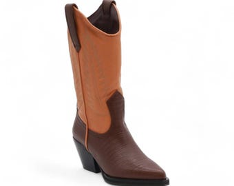 Cactus Women's Brown & Camel Leather Western Fashion Boots Traditional Toe Rubber Sole