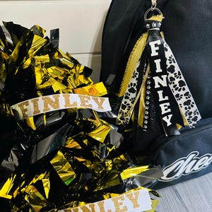 Pom Pom Tags - Set of 2 - Custom Cheer Dance Cheerleader - Personalized Name - Ribbon- Team