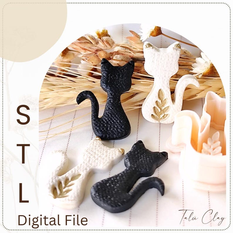 May include: A collection of black and white cat figurines with gold leaf accents. The figurines are in various poses, with curved tails and upright ears. The image also includes the text "STL Digital File".