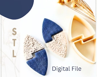 May include: A set of two geometric earring components featuring textured navy blue and cream-colored clay pieces with intricate patterns. The set includes two beige plastic cutters for shaping the clay. The image includes the text STL Digital File.