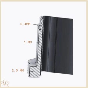 May include: A cross-section diagram of a black object with measurements labeled in millimeters. The diagram shows a layered structure with dimensions of 0.4 mm, 1 mm, and 2.5 mm, providing a detailed view of the object's construction.