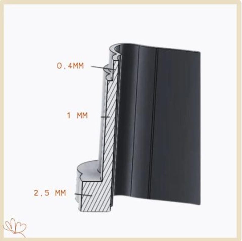May include: A cross-section diagram of a black object with measurements labeled in millimeters. The diagram shows a layered structure with dimensions of 0.4 mm, 1 mm, and 2.5 mm, providing a detailed view of the object's construction.