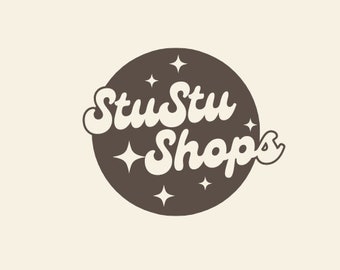 以下が含まれることがあります： 白い星と「Stu Stu Shops」というレトロなフォントのテキストが書かれた茶色の円