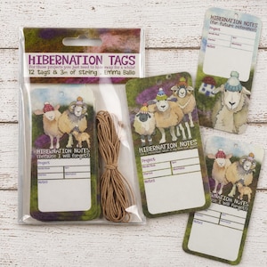 May include: A set of "Hibernation Tags" with illustrations of sheep wearing hats. The tags are packaged with a bundle of brown string. Text on the packaging reads "12 tags & 3m of string." Individual tags are also visible.