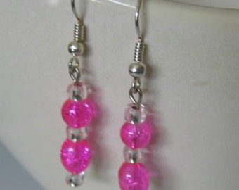 Hot Pink Crackle Glass Beaded Earrings