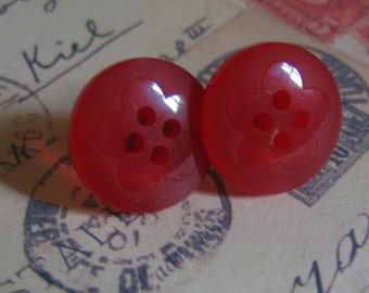 Red Flower Earrings made from Translucent Vintage Buttons