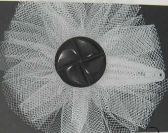 Vintage Black Pinwheel Button on White Tulle Hair Clip