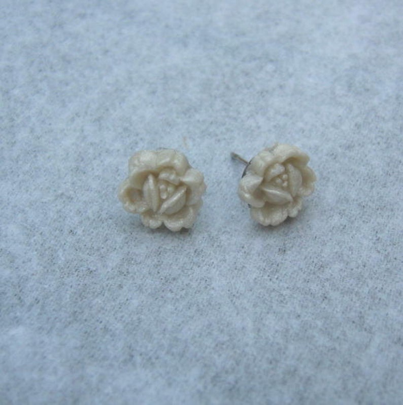 Open Rose Post Earrings Shimmery Pearl White image 3