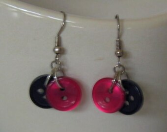 Hot Pink and Black Tiny Button Earrings