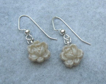 Open Rose Earrings Dangle Drop Shimmery Pearl White