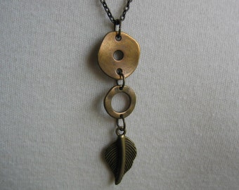 Antiqued Bronze Necklace Dangling Leaf Pendant