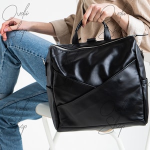 Leather convertible backpack, Engraved backpack, Black leather backpack women,Leather backpack for work,Laptop bag,Convertible backpack tote