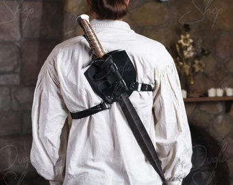 LARP sword holder, Sword back harness, Back sword sheath, Larp sword frog, Medieval sword belt, Leather sword sheath, Sword strap
