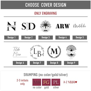 May include: A chart showing nine different cover designs for a personalized item. The designs include a tree, initials, and a name. The chart also shows three different stamping options: no color, gold, and silver.