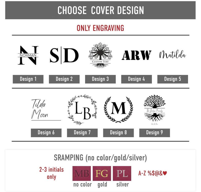 May include: A chart showing nine different cover designs for a personalized item. The designs include a tree, initials, and a name. The chart also shows three different stamping options: no color, gold, and silver.
