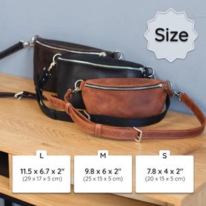 May include: Three leather fanny packs in brown, black, and dark brown. The image includes size details: Large (11.5 x 6.7 x 2 inches), Medium (9.8 x 6 x 2 inches), and Small (7.8 x 4 x 2 inches). Each bag has a zipper closure and adjustable strap.
