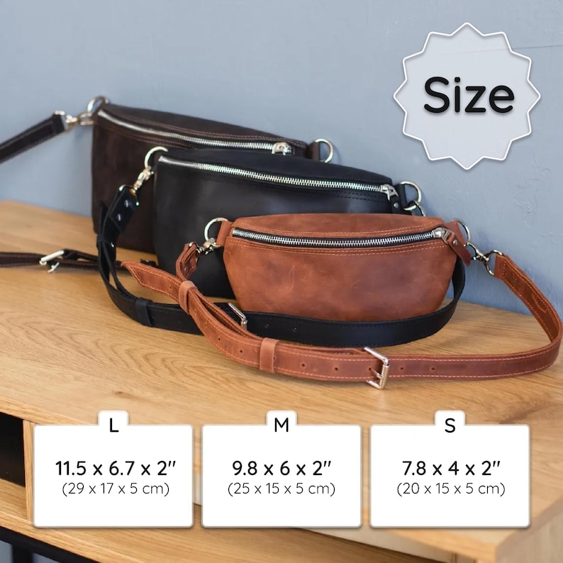 May include: Three leather fanny packs in brown, black, and dark brown. The image includes size details: Large (11.5 x 6.7 x 2 inches), Medium (9.8 x 6 x 2 inches), and Small (7.8 x 4 x 2 inches). Each bag has a zipper closure and adjustable strap.